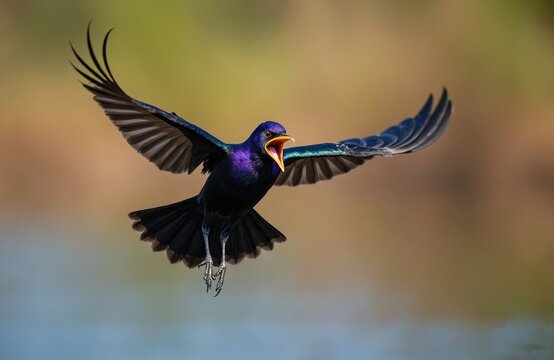 Male boat tailed grackle flies toward camera mouth open wings spread. Purple iridescent head dark feathers visible. Birding action shot outdoors wetland bokeh.