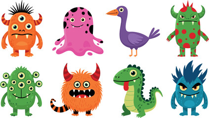Obraz premium Cartoon Monsters Set Featuring Colorful, Cute, and Funny Monster Designs for Kids’ IllustrationCartoon Monsters Set Featuring Colorful, Cute, and Funny Monster Designs for Kids’ Illustration