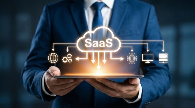 Executive Presenting Innovative SaaS Cloud Computing Technology and Digital Business Infrastructure Solutions