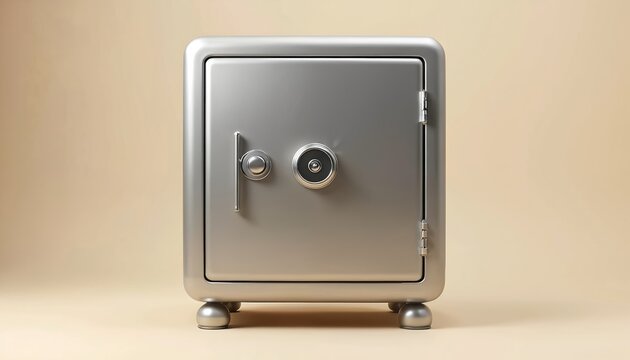 Closed metallic safe with dial lock and handle sits on light brown background. Offers secure storage for valuables or money. Minimalist studio shot.