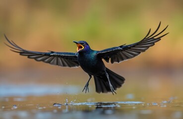 Naklejka premium Male boat tailed grackle bird flies with open mouth. Dark iridescent feathers gleam. Wings spread wide above water surface. Wetlands habitat background.
