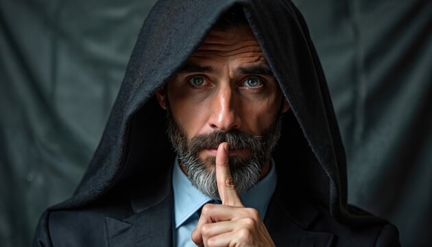 Bearded man in suit and hood holds finger to lips. Person kepic secret in dark textured studio. Mysterious man signals quiet on black background. Concept of confidentiality.