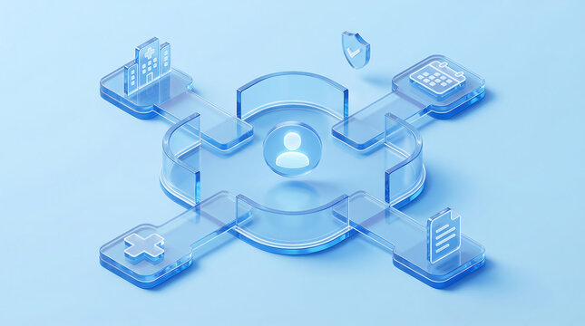 Patient centered healthcare coordination illustration with hospital calendar medical records coverage and care management around a central user in blue isometric glass style