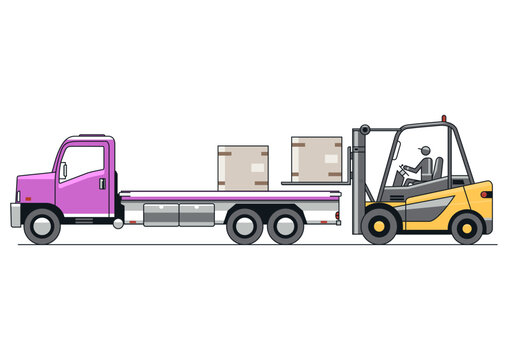Forklift and medium truck in cartoon style. Side view. Vector.