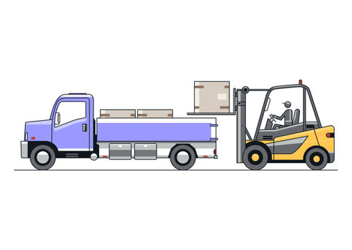 Forklift and medium truck in cartoon style. Side view. Vector.