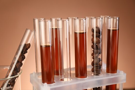 Tasty coffee and beans in test tubes on brown gradient background, closeup