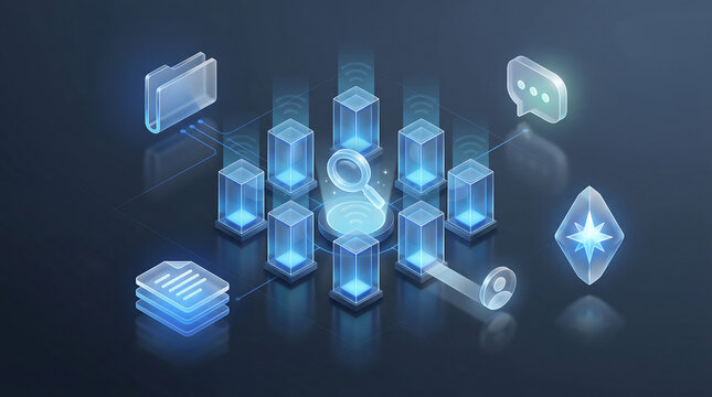 Enterprise search and knowledge discovery illustration with unified data sources documents communication and user insights in blue futuristic isometric glass style