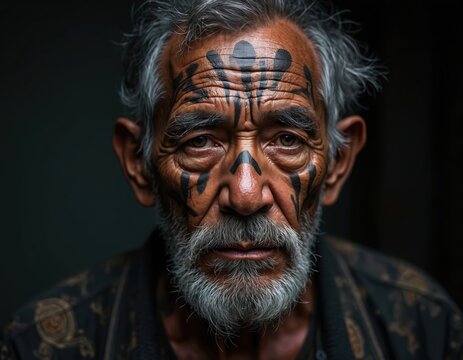 Elderly man with gray hair and beard has traditional facial tattoos. He looks seriously directly at viewer. His face shows wrinkles and strong expression. He wears patterned shirt.