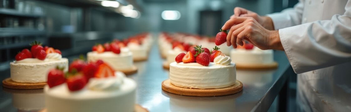 Pastry chef arranges fresh strawberries on cream cake in pro kitchen. Many cakes lined up. Dessert creation for celebration. Artisan bakery.