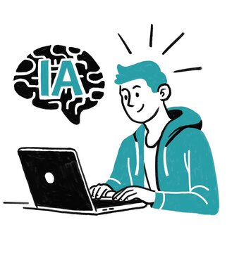 Concepto de hombre Usuario De IA joven con laptop