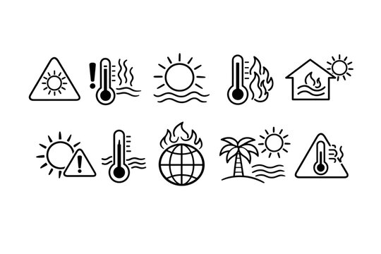 Collection of icons representing heat warnings, global warming, and extreme weather conditions