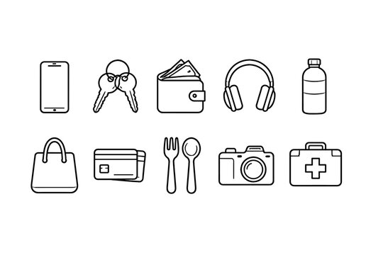 Collection of everyday essential items and accessories depicted as simple line art icons