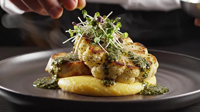 Grilled cauliflower steak with green sauce on polenta being drizzled