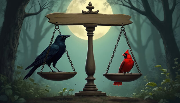 A scale with a crow and a cardinal balances two opposing moral philosophies. This illustration visualizes the choice between utilitarianism and deontology. Think about ethics and decision making.