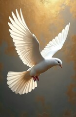 Fototapeta premium White dove with spread wings flies against golden background. Bird symbolizes peace hope, freedom. This elegant creature embodies spirit divine purity, grace. Its flight signifies new beginnings.