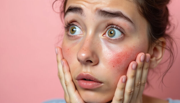 Woman has red flushed cheeks and looks worried. She touches her face with her hands, noticing skin irritation or an allergic reaction. Concerned expression shows skin problem.
