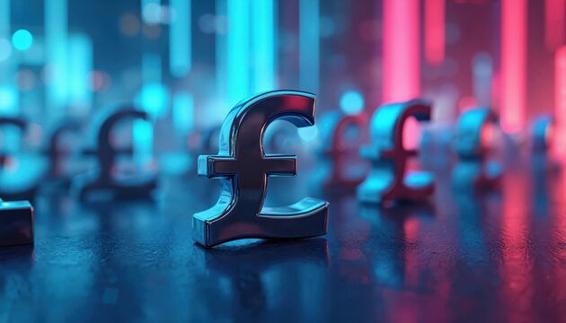Shiny pound symbols shine on a reflective surface with neon blue and pink lights. Multiple currency signs repeat in background. Abstract financial market concept.
