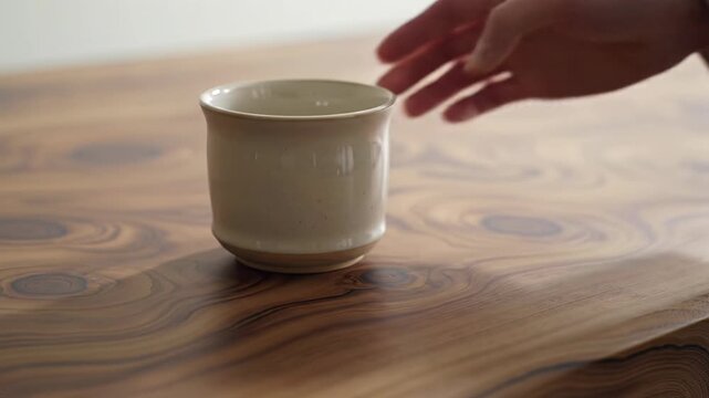 Dark brown wood surface, natural grain, hand places an off-white ceramic mug. Diffused daylight, gentle shadows, bokeh. Rack focus video highlights natural materials and artisanal quality, concept of