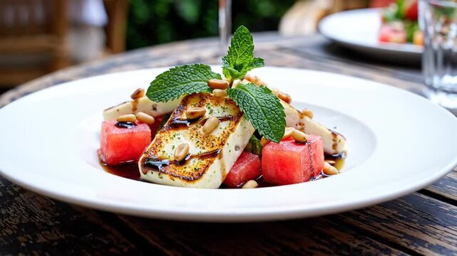 Grilled halloumi with watermelon, pine nuts, and mint on white plate