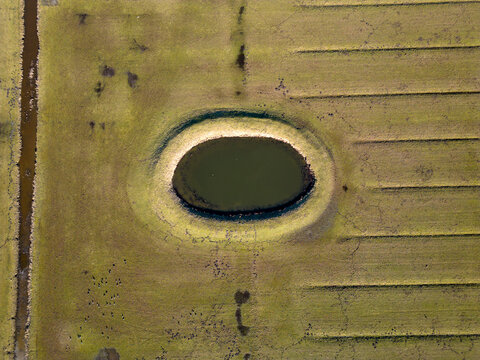 Aerial view of a traditional circular water reservoir or Dobbe water pond in Friesland, The Netherlands
