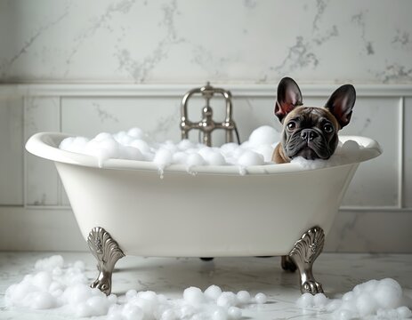 French bulldog enjoys bubble bath in clawfoot tub. Adorable puppy gets washed with soap and water. Cute pet relaxes in foam, happy bath time in luxury bathroom.