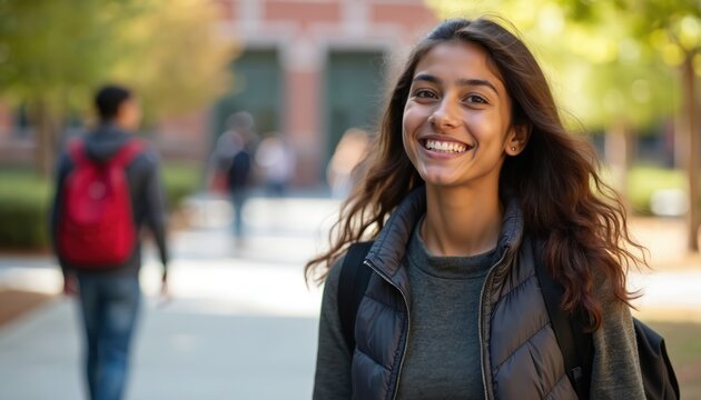 Young Hispanic woman smiles outdoors on college campus with blurred classmate in background. She wears casual clothes and a backpack, suggesting student life and learning in a bright, sunny setting.