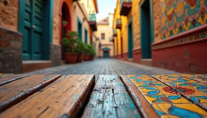 Fototapeta premium A sunlit alleyway features colorful mosaic tiles on walls and a rustic wooden floor in front. Buildings with vibrant colors line the narrow street with potted plants.