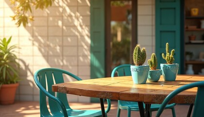 Obraz premium Sunny outdoor patio table with teal chairs and potted cacti. Warm sunlight creates soft shadows on the tile wall. A rustic wooden table invites outdoor dining and relaxation.
