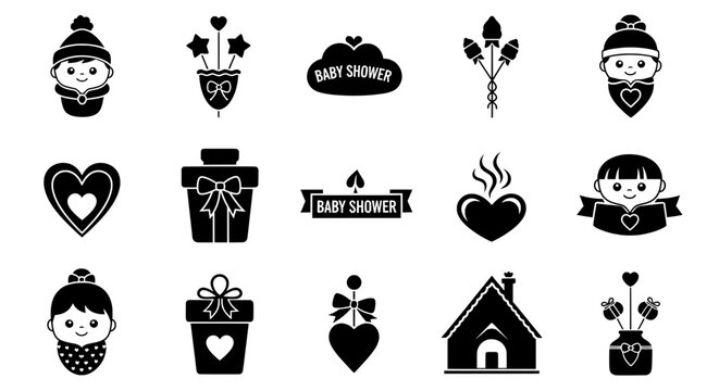 Baby Shower Icons Set &ndash; Newborn Baby Clipart Collection, Cute Baby, Gift Box, Heart, House, Decorative Elements, Vector, Isolated on Transparent Background