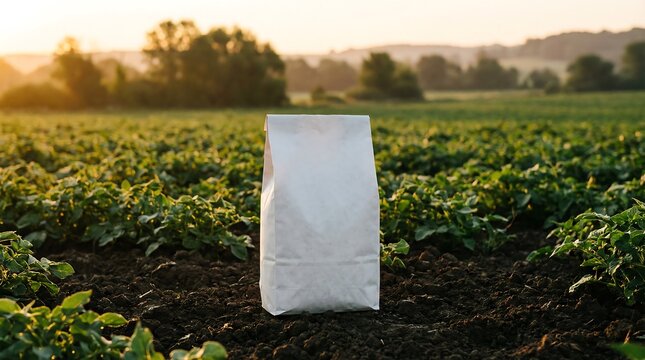 Bag of fertilizer on a field at sunset