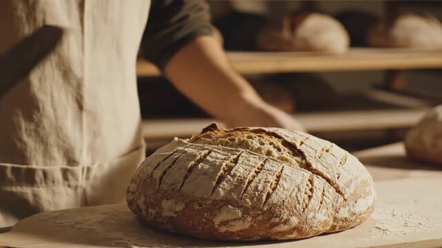 Hands scoring rustic bread loaf with knife in bakery