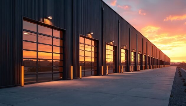 Long industrial building with glass bay doors reflects dramatic sunset sky. Metallic facade gleams under orange light. Modern warehouse exterior.