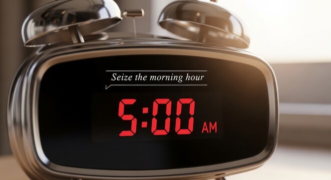 Vintage Alarm Clock Displaying 5:00 AM with Motivational Quote