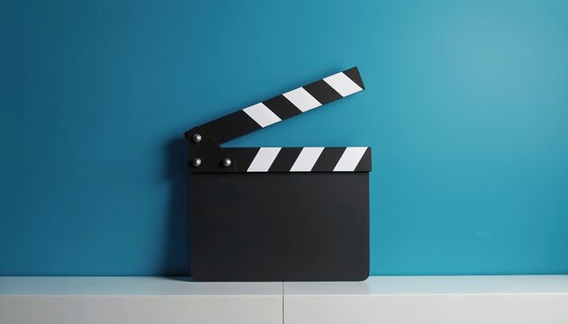 Film clapperboard ready for action on blue background. Classic movie production tool for scene cut. Cinema industry marker used for filming.