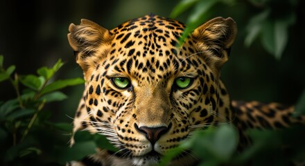 Obraz premium A stunning close-up of a leopard peering through lush greenery, its intense eyes conveying a sense of alertness and majesty