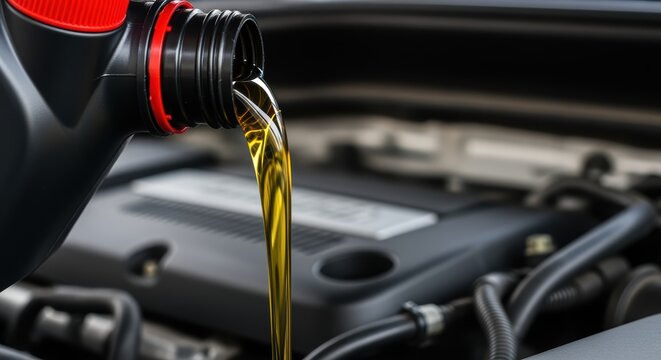 Pouring engine oil into a car's engine, demonstrating automotive maintenance and care. The shot captures the fluid dynamics and mechanical components