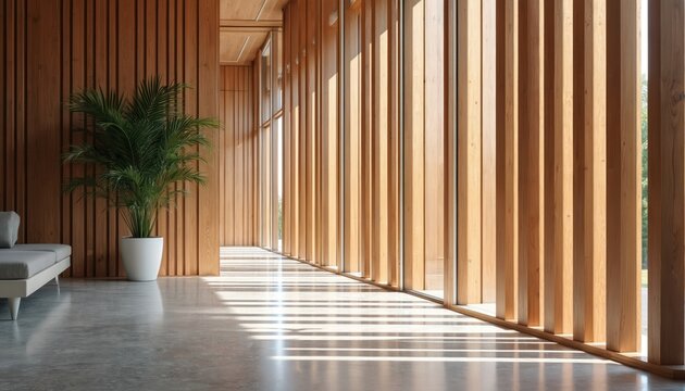Bright modern interior hall with wooden slats. Sunlight streams through windows creating shadow patterns on polished concrete floor. A large potted palm sits near minimalist sofa.