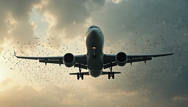 Airplane ascends into overcast sky surrounded by large flock of birds. Aircraft gears down for landing or takeoff. Wing edge is visible. Dramatic lighting.