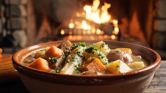 Hearty vegetable stew in bowl by warm fireplace