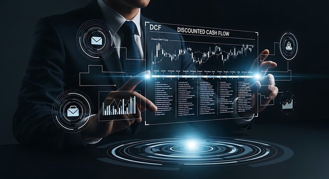 Discounted Cash Flow (DCF) analysis. A financial analyst's hands interact with a hologram showing future cash flows being brought to present value along a timeline.