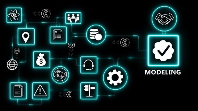 Data modeling system with analytics and simulation workflow for business intelligence and performance optimization solutions 4k visuals