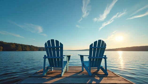 Two blue chairs sit on a wooden dock facing calm water and distant trees. Sun sets over the lake creating a peaceful, tranquil scene. Perfect for relaxation and vacation themes.