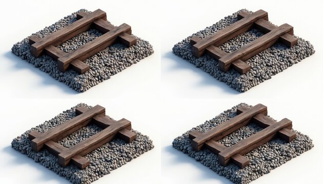 Four isometric views show aged wooden railway track sections on gravel. Details of ties fasteners rails visible. Retro transport infrastructure concept.