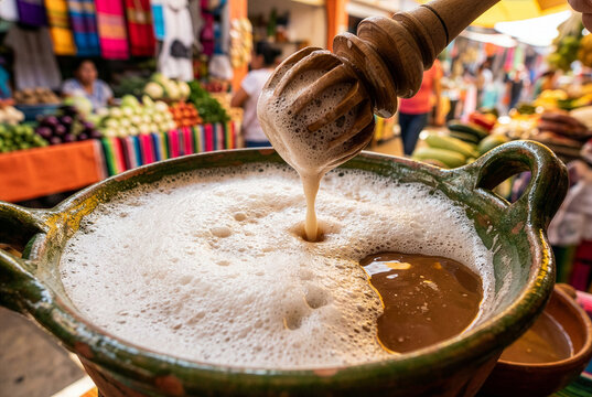 A close-up cinematic shot of Tejate, a pre-Hispanic maize and cacao beverage from Oaxaca, showing its characteristic thick, frothy foam in a rustic clay bowl.