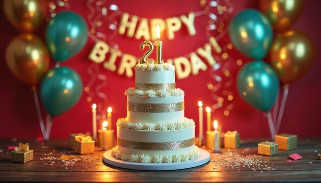 Three tier white birthday cake with golden 21 candle ablaze. Festive balloons and gift boxes surround the cake. Happy birthday banner in background.