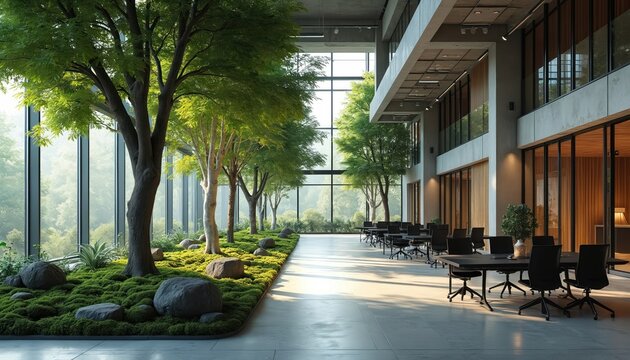 Modern office space blends nature with minimalist design. Rich green trees, moss, rocks are visible through glass walls, creating serene atmosphere. Sleek desks, chairs suggest functional workspace.
