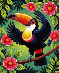 Obraz premium Colorful tropical toucan illustration on branch with jungle leaves and pink flowers, vibrant exotic bird art for summer design