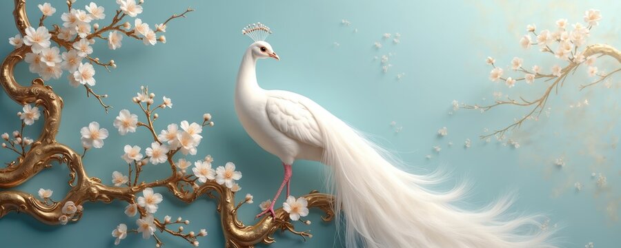 Elegant white peacock with delicate flowers on gold branch. Blue backdrop with soft floral accents. Bird has ornate crown, long flowing tail. Peaceful nature beauty.