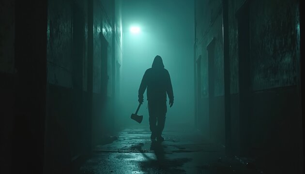 Man with axe walks in foggy alley at night. Silhouette figure holds weapon, moves in eerie, dark urban corridor. Dangerous scene evokes suspense and fear.