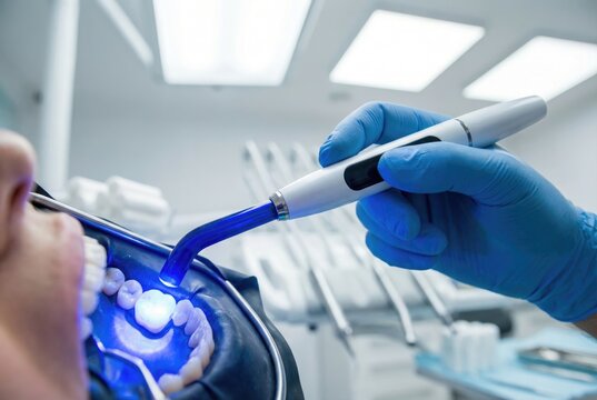 Dentist using a dental curing light to harden a tooth filling